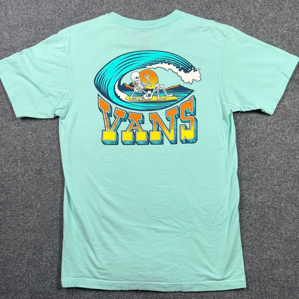 Vans Graphic Tee Small Mint Green Skeleton Surfing Shaka Logo T-Shirt